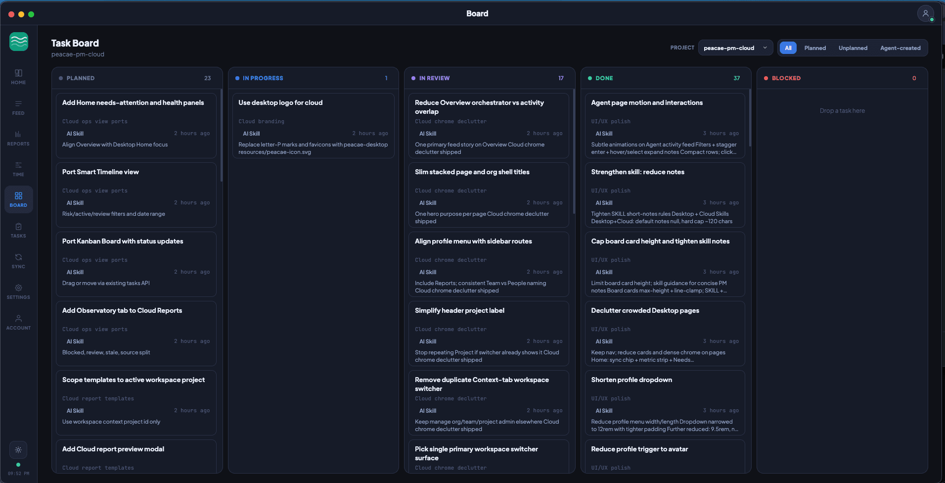 Mayvor task board with planned, in progress, review, and done columns
